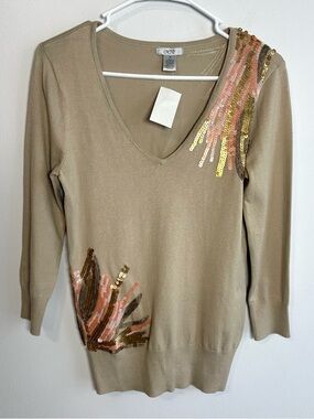 Cache Beige V-Neck Sweater with Gold Copper Coral Sequins Y2K Size Medium NWT